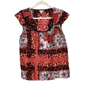 Anthropologie Silk Ruffle Blouse Odille Floral size 8 Red, Black purple Top